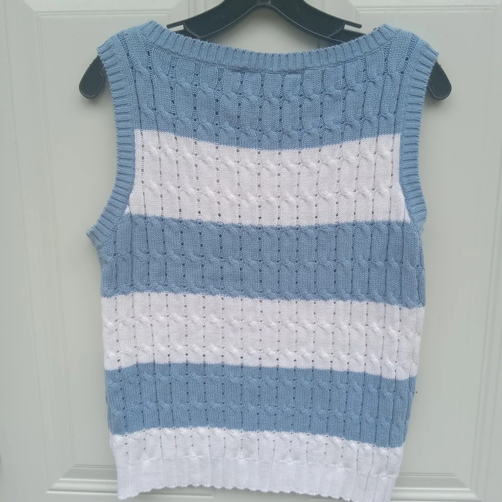Evan-Picone Blue White Striped Knit Sleeveless Sweater Tennis Size Medium Cotton